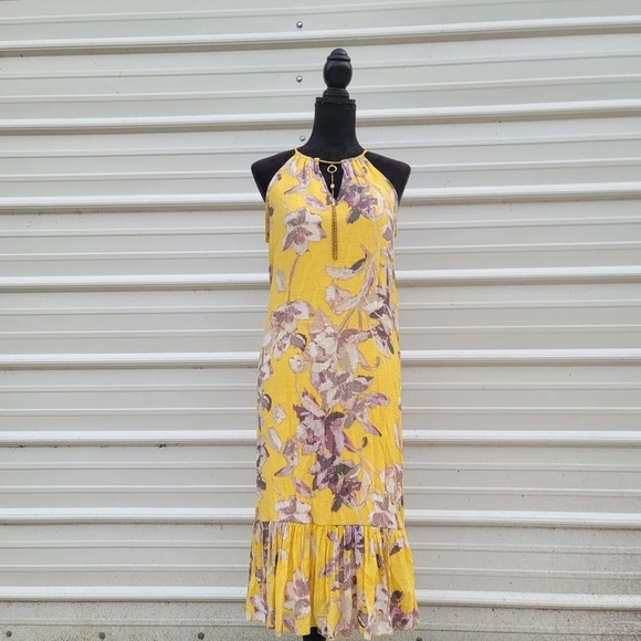 NWT Mlle Gabrielle Floral Yellow Sleeveless Sun Dress Necklace Gold sz Small - Picture 1 of 11